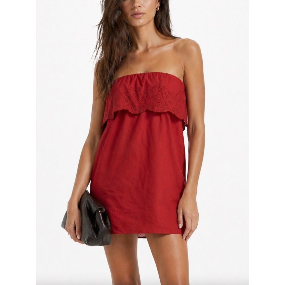 NWT POSSE Beryl Strapless Mini Dress Pockets Ruby Red Cotton Eyelet Lined L - Picture 13 of 13